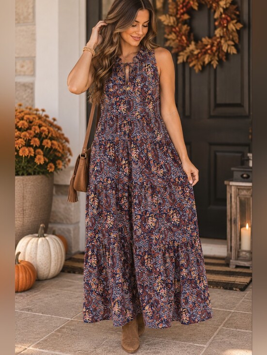 Max Studio Dresses & Skirts - Max Studio Small Navy Paisley Floral Tiered Boho Maxi Dress